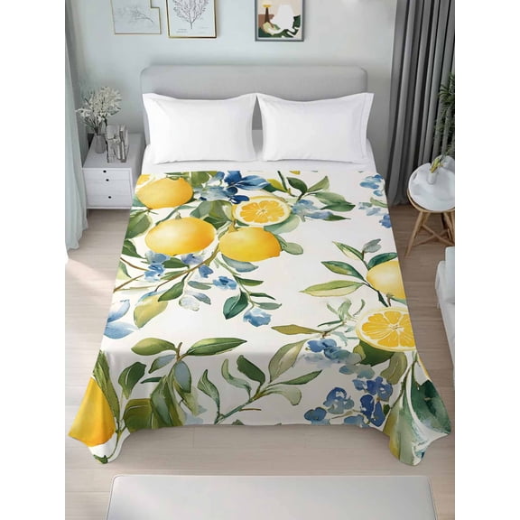 Yellow Lemon Queen Size Flat Sheet, Wrinkleproof & Fadeproof Cooling Flat Bed Sheet Only, Green Leaf Blue Flower Tropical Fruit Breathable Soft Bedding Top Sheets 90 x 102 Inches