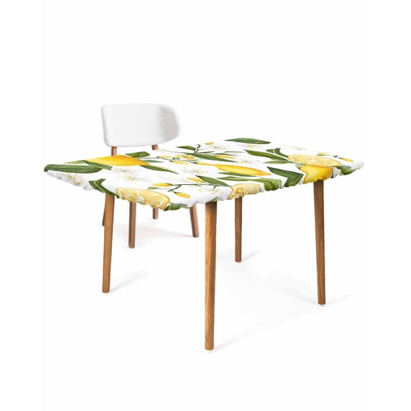 Yellow Lemon Rectangle Tablecloth, Waterproof Elastic Fitted Table Covers for 4 Foot Tables, 24x50inch Decorative Tablecloths for Picnic, Camping, Outdoor, White Flowers Elegant Country Plants