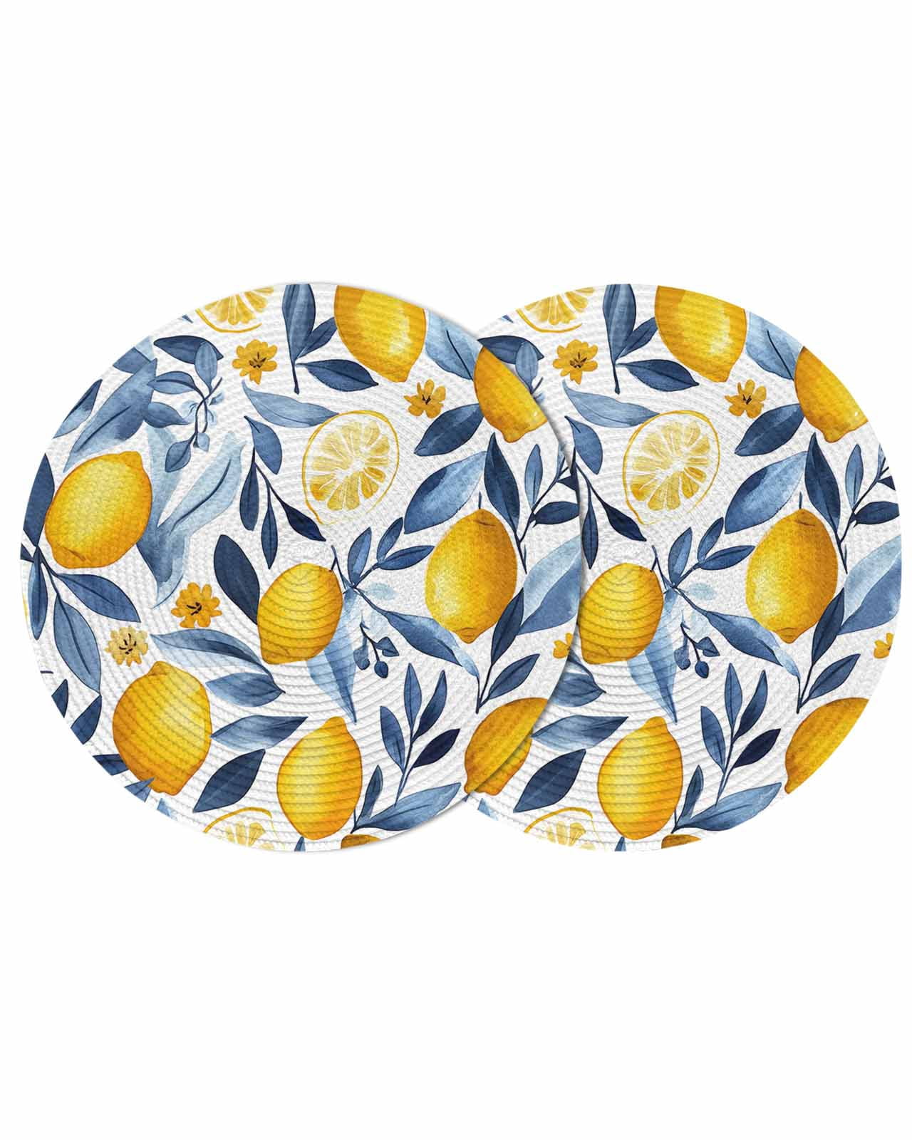 Yellow Lemon Round 13 Inch Placemats Set of 2, Blue Flower Leaves ...