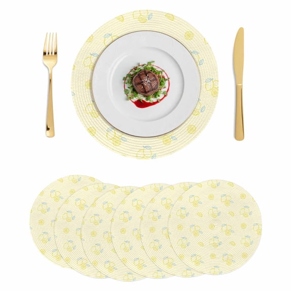 Yellow Lemon Round 13 Inch Placemats Set of 6, Summer Farmhouse Fruits Leaves Lemon HeatResistant Non Slip Place Mats for Dining Table, Wipeable Braided Kitchen Table Mats for Housewarming