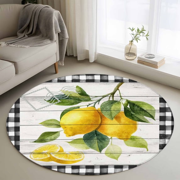 Yellow Lemon Round Area Rug 3.3Ft Washable Circle Rugs for Dining Room Table, Summer Botanical Black White Checkered Wooden Non-Slip Carpet Floor Mats Indoor Outdoor Carpet Runner Home Decor