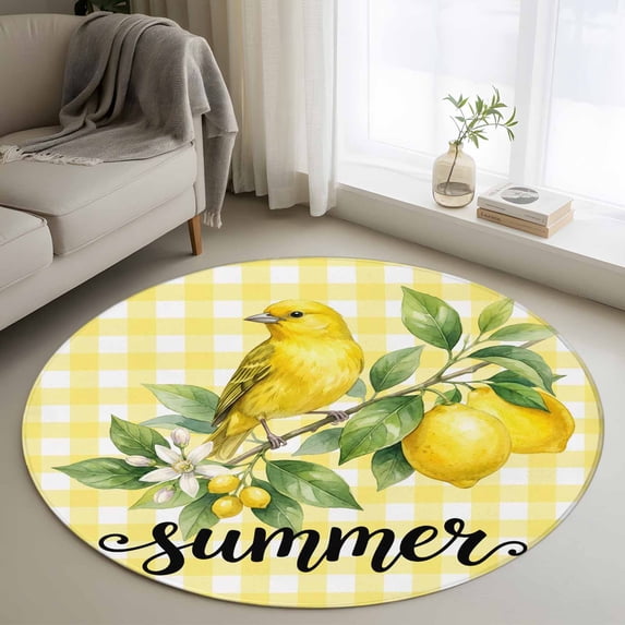 Yellow Lemon Round Area Rug 3.3Ft Washable Circle Rugs for Dining Room Table, Summer Farmhouse Fruits Birds Leaves Plaid Non-Slip Carpet Floor Mats Indoor Outdoor Carpet Runner Aesthetic Home Decor