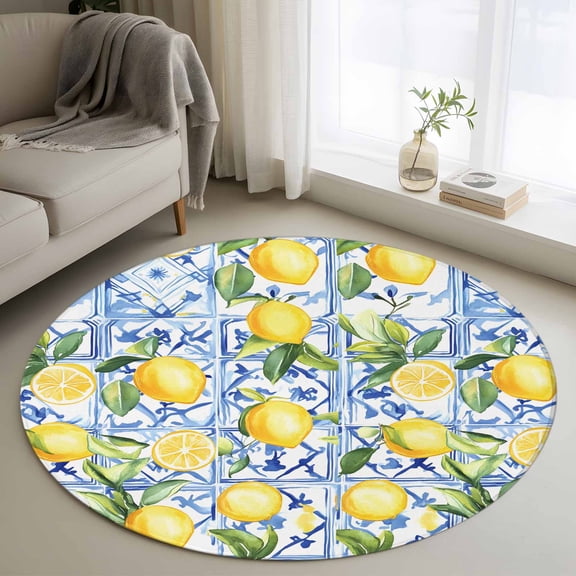 Yellow Lemon Round Area Rug 3 FT,Small Kitchen Bathroom Mats,Botanical Spring Leaves Abstract Blue Tile Washable Indoor Outdoor Throw Runner Carpet Non-Shedding Doormat for Table Shower Sofa Entryway