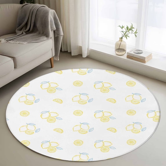 Yellow Lemon Round Area Rug 4Ft Washable Circle Rugs for Bedroom Dining Room, Country Farmhouse Fruits Leaves Summer Non-Slip Carpet Floor Mats Indoor Outdoor Carpet Runner Aesthetic Home Decor