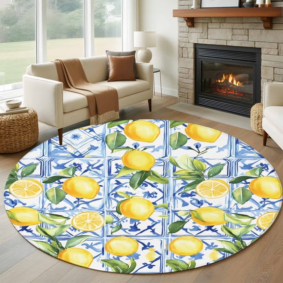 Yellow Lemon Round Area Rug 5 FT, Non Slip Bedroom Rugs, Botanical Spring Leaves Abstract Blue Tile Washable Soft Circular Carpet Non-Shedding Floor Mat for Kitchen Dining Room Foyer Balcony Dorm