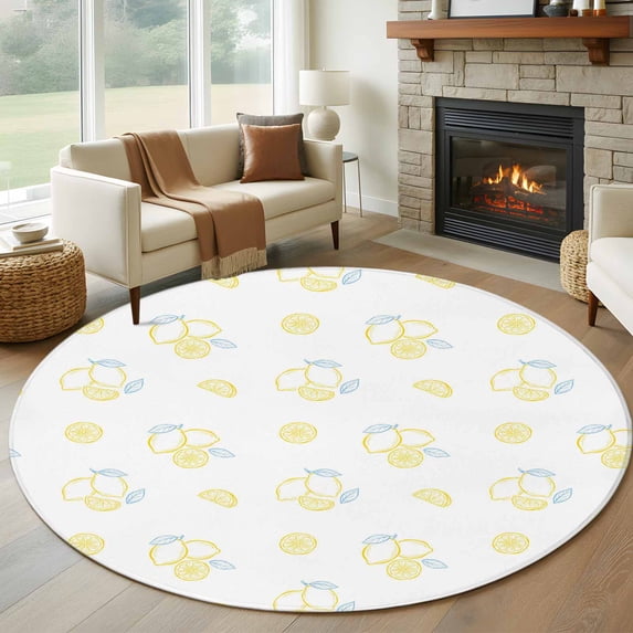 Yellow Lemon Round Area Rug 6Ft Washable Circle Rugs for Bathroom Office, Country Farmhouse Fruits Leaves Summer Non-Slip Carpet Floor Mats Indoor Outdoor Carpet Runner Aesthetic Home Decor