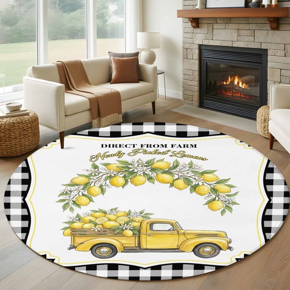 Yellow Lemon Round Area Rug 6Ft Washable Circle Rugs for Bathroom Office, Summer Country Truck Floral Botanical Black Plaid Non-Slip Carpet Floor Mats Indoor Outdoor Carpet Runner Home Decor