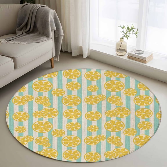 Yellow Lemon Round Area Rugs 3 ft, Teal Stripes Linen Background Washable Small Area Rug with Non-Slip Sturdy Edge Binding Round Front Door Mat Floor Carpet for Entryway