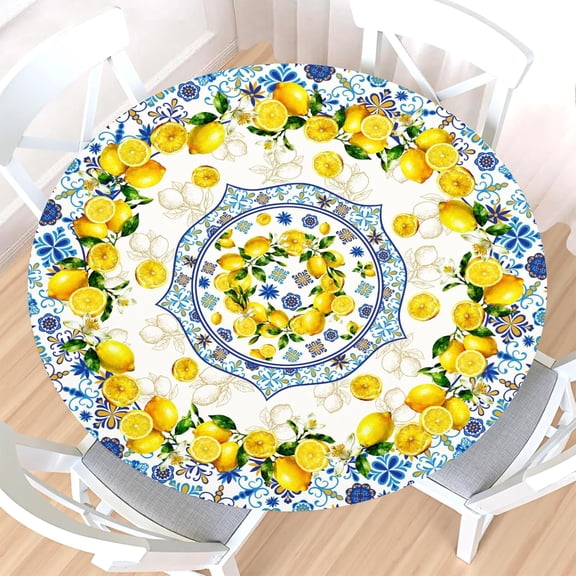 Yellow Lemon Round Fitted Tablecloth with Elastic Edge,Water-Resistant Wipeable Summer Blue Ceramic Tile Mediterranean Italian Table Cover for 36-40" Stretch Table Cloth for Dinner Indoor Outdoor