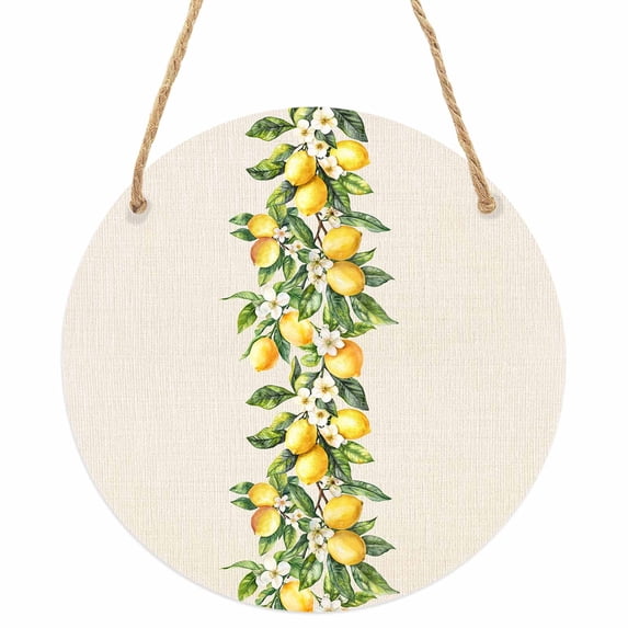 Yellow Lemon Round Front Door Welcome Sign, 7.8 Inch Wall Hanging Decor for Indoor Outdoor, Spring Botanical Leaves Fruit Farmhouse Home Porch Hanger Decorations for Holiday Gift