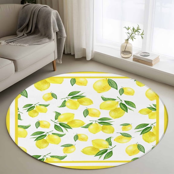 Yellow Lemon Round Rug 3ft Washable Circle Entryway Rugs Non Slip Summer Watercolor Fruits Leaf Area Rug Indoor Floor Carpet for Bedroom Kitchen Living Room Home Office Dining Room Nursery