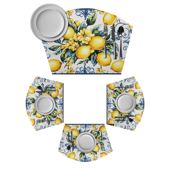 Yellow Lemon Round Table Placemats Set of 2 Wedge Placemats, Middle Century Blue Italian Textured Place Mats for Dining Table Set Washable Mats Kitchen Decor for Indoor Outdoor Wipe Clean