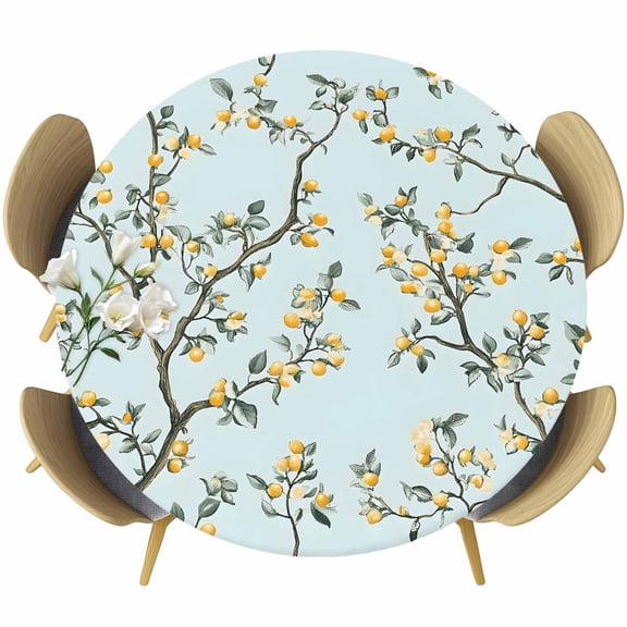Yellow Lemon Round Tablecloth 36-44 Inch Round Fitted Table Cloth with Elastic Edge, Tree Leaf Branch Summer Watercolor Blue Waterproof Table Cover Protector for Outdoor Picnic Party Dining