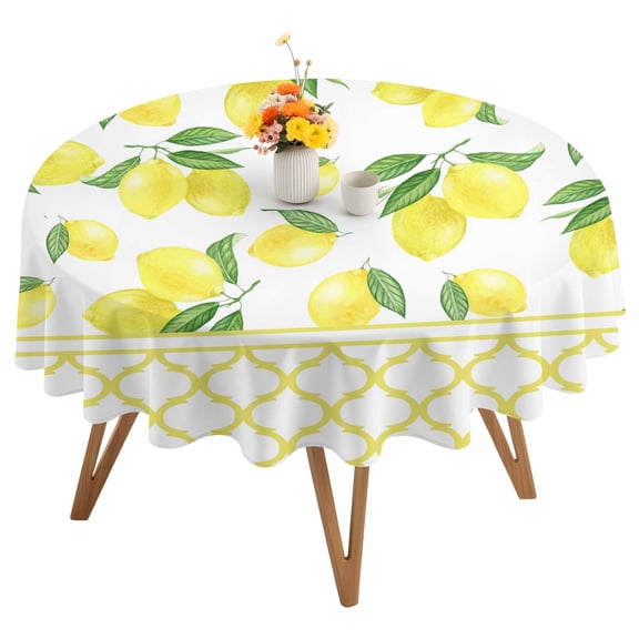Yellow Lemon Round Tablecloth 54 inches Green Leaf Morocco Country Summer Fruit Waterproof Oil-Proof Table Cloth Round Table Cover for Holiday Party Picnic Dinner Decor Indoor and Outdoor Use