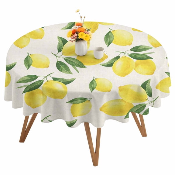 Yellow Lemon Round Tablecloth 54 inches Summer Fruit Vintage Linen Country Plant Waterproof Oil-Proof Table Cloth Round Table Cover for Holiday Party Picnic Dinner Decor Indoor and Outdoor Use