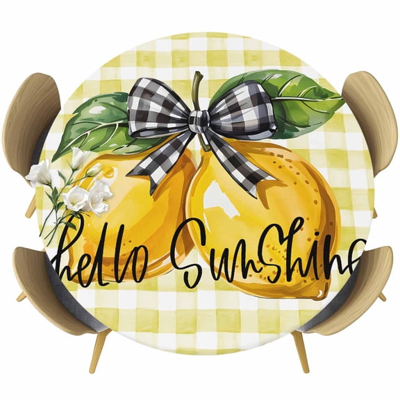 Yellow Lemon Round Tablecloth, Fitted Table Cover with Elastic for 36"-44" Round Tables, Checkered Plaid Modern Gingham Lattice Table Cloth Outdoor Indoor Dinning Party Waterproof Tablecloths