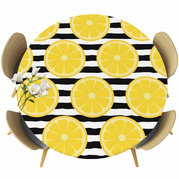 Yellow Lemon Round Tablecloth, Fitted Table Cover with Elastic for 36"-44" Round Tables, Summer Botanical Fruits Black White Stripes Table Cloth Outdoor Indoor Dinning Party Waterproof Tablecloths
