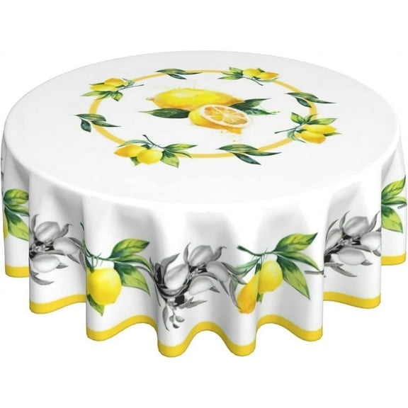 Yellow Lemon Round Tablecloths, Summer Circular Table Cover Washable Polyester for BBQ, Buffet Table, Parties, Holiday Dinner 60 Inch