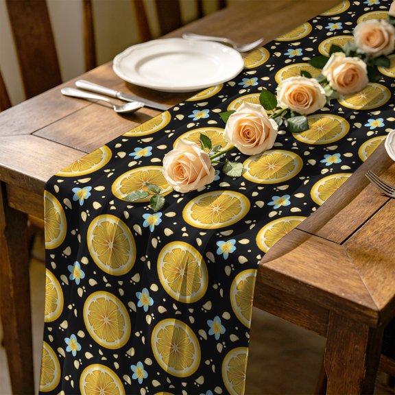 Yellow Lemon Rounds 10 ft Cheesecloth Table Runner for Wedding 27"x120", Summer Fruit Rustic Floral Black Kitchen Dinner Sheer Tulle Chiffon Dresser Scarf, Holiday Party Decorations