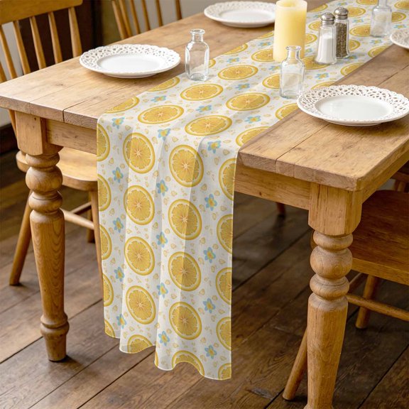 Yellow Lemon Rounds 10ft Cheesecloth Table Runner for Wedding 27"x120", Summer Fruit Rustic Floral Vintage Kitchen Dinner Sheer Tulle Chiffon Dresser Scarf, Holiday Party Decorations