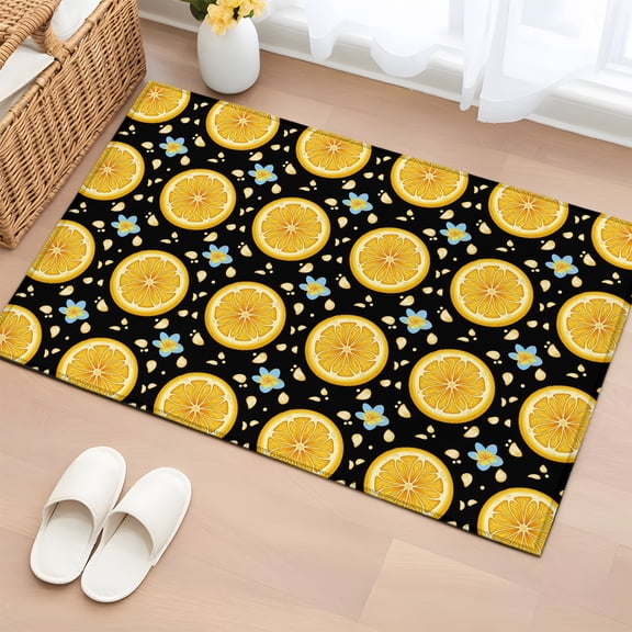 Yellow Lemon Rounds 2'x3' Rug for Entryway Front Door Kitchen Sink Area, Summer Fruit Rustic Floral Black Low Pile Washable Non Slip Rectangle Area Rug