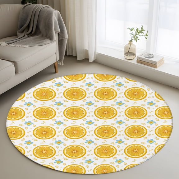 Yellow Lemon Rounds 3.3' Round Rug for Bedroom Reading Corner, Summer Fruit Rustic Floral Minimalist Washable Non Slip Circle Area Rug