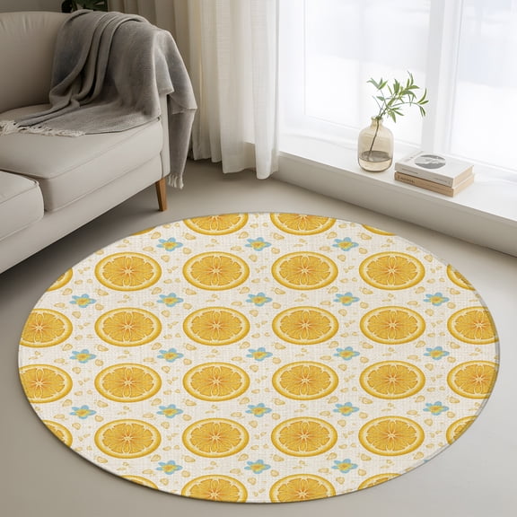 Yellow Lemon Rounds 3.3' Round Rug for Bedroom Reading Corner, Summer Fruit Rustic Floral Vintage Washable Non Slip Circle Area Rug