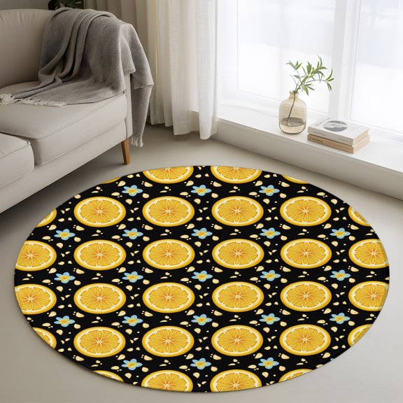 Yellow Lemon Rounds 3' Round Rug for Bathroom Accent Bedside Corner, Summer Fruit Rustic Floral Black Washable Non Slip Circle Area Rug for Small Spaces