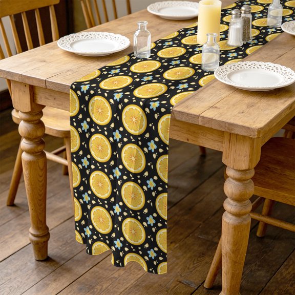 Yellow Lemon Rounds 4.5ft Cheesecloth Table Runner for Wedding 19"x55", Summer Fruit Rustic Floral Black Kitchen Dinner Sheer Tulle Chiffon Dresser Scarf, Holiday Party Decorations