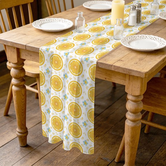 Yellow Lemon Rounds 4.5ft Cheesecloth Table Runner for Wedding 19"x55", Summer Fruit Rustic Floral Minimalist Kitchen Dinner Sheer Tulle Chiffon Dresser Scarf, Holiday Party Decorations