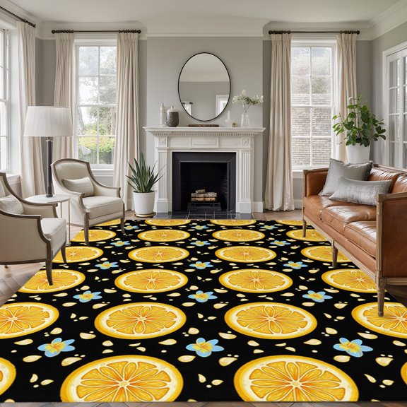 Yellow Lemon Rounds 8'x10' Large Area Rug for Living Room Sectional Sofa, Summer Fruit Rustic Floral Black Washable Non Slip Low Pile Rectangle Area Rug