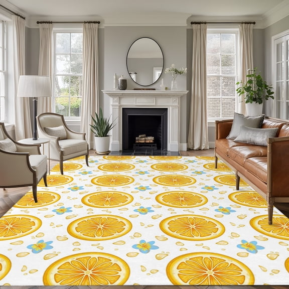 Yellow Lemon Rounds 8'x10' Large Area Rug for Living Room Sectional Sofa, Summer Fruit Rustic Floral Minimalist Washable Non Slip Low Pile Rectangle Area Rug