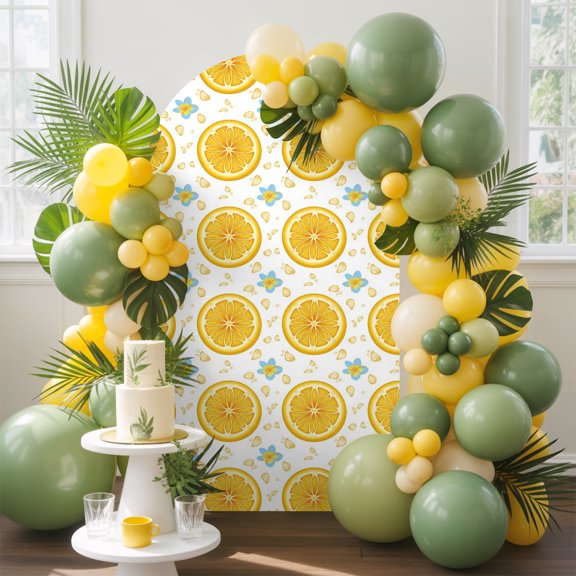 Yellow Lemon Rounds Arch Backdrop Cover, 6FT, Summer Fruit Rustic Floral Minimalist Spandex Arch Covers Double-Sided Backdrop for Wedding Birthday Party Photo Background Decoration