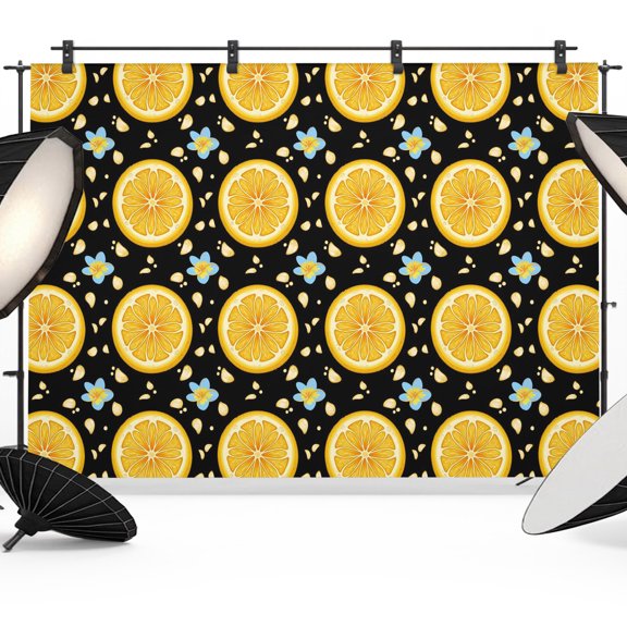 Yellow Lemon Rounds Backdrops for Photography, Summer Fruit Rustic Floral Black Fabric Photo Background Sturdy Studio Props for Photo Studio, Video Recording, Booth & Photoshoot 7x5ft