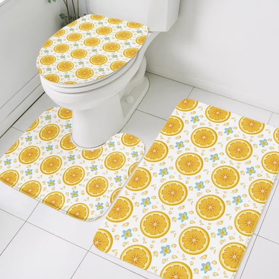 Yellow Lemon Rounds Bathroom Rugs Set Summer Fruit Rustic Floral Minimalist Non Slip Absorbent Soft Bath Mats 3 Piece Set with Bathroom Rug, U-Shaped Floor Mat, Toilet Seat Cover Small Size