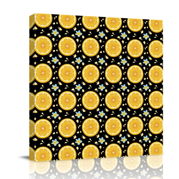 Yellow Lemon Rounds Canvas Wall Art for Living Room, Summer Fruit Rustic Floral Black Poster Print Painting for Bedroom Office Home Decoration Wall Pictures Prepare To Hang 8"x8"