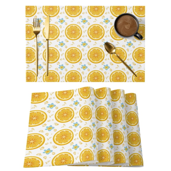 Yellow Lemon Rounds Cotton Linen Placemats Set of 2, Summer Fruit Rustic Floral Minimalist Washable Table Place Mats Heat Insulating Placemat for Dining Room Kitchen Daily Use 13 x 19 Inch