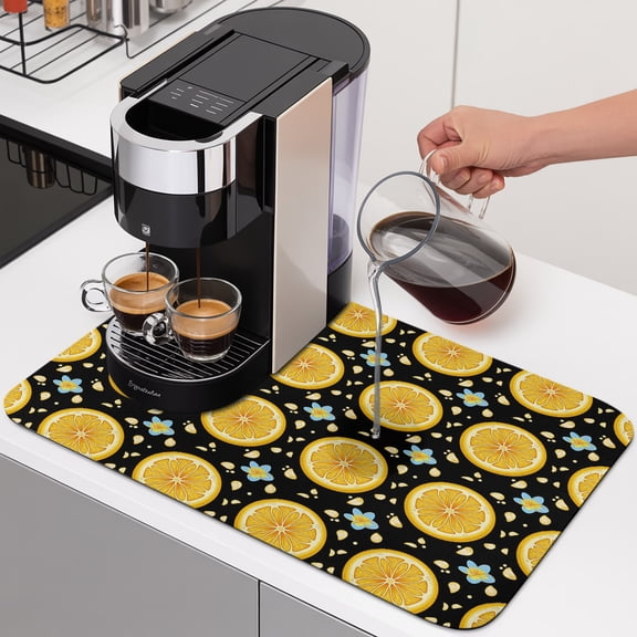Yellow Lemon Rounds Dish Drying Mats for Kitchen Counter, Summer Fruit Rustic Floral Black Absorbent Coffee Bar Mat with Non-slip Rubber Backed Quick Drying Dish Rack Pad 12"x16"