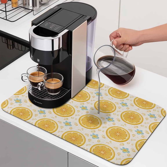 Yellow Lemon Rounds Dish Drying Mats for Kitchen Counter, Summer Fruit Rustic Floral Vintage Absorbent Coffee Bar Mat with Non-slip Rubber Backed Quick Drying Dish Rack Pad 16"x18"