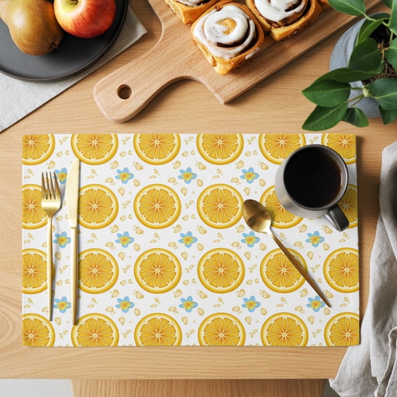 Yellow Lemon Rounds Placemats Set of 2, Summer Fruit Rustic Floral Minimalist Heat Insulated Linen Place Mats, Washable Stain-Proof Table Mats for Dining Tables Holiday Decor 13x19 Inches