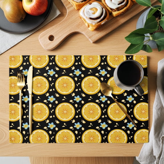 Yellow Lemon Rounds Placemats Set of 8, Summer Fruit Rustic Floral Black Heat Insulated Linen Place Mats, Washable Stain-Proof Table Mats for Dining Tables Holiday Decor 13x19 Inches