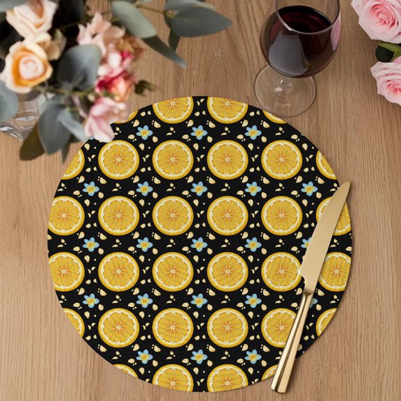 Yellow Lemon Rounds Round Braided Placemats Set of 1, Summer Fruit Rustic Floral Black Heat Insulation Place Mats Washable Non-Slip Table Mats for Kitchen Dining Party, 13 Inches