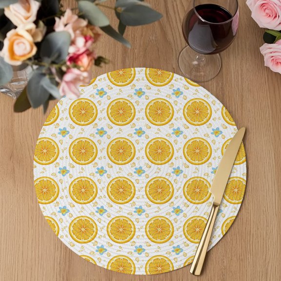 Yellow Lemon Rounds Round Braided Placemats Set of 2, Summer Fruit Rustic Floral Minimalist Heat Insulation Place Mats Washable Non-Slip Table Mats for Kitchen Dining Party, 15 Inches