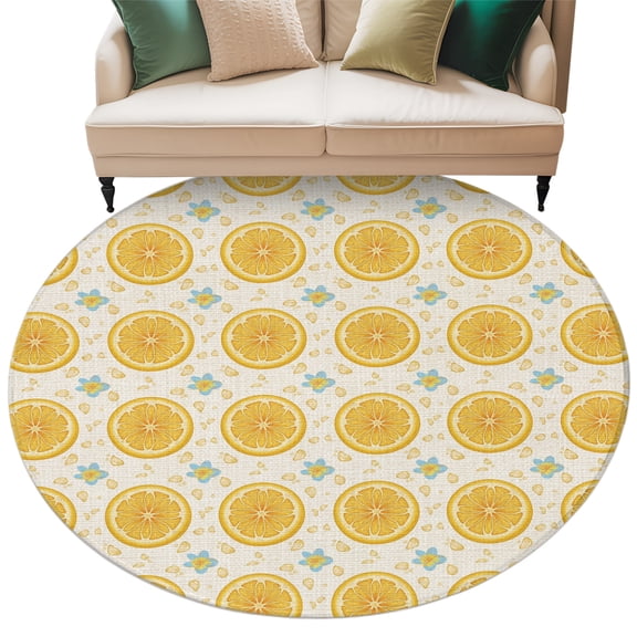 Yellow Lemon Rounds Round Living Room Rugs 6 ft, Summer Fruit Rustic Floral Vintage Washable Area Rug with Non-Slip Sturdy Edge Binding Round Carpet for Kitchen Office Bedroom