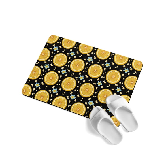 Yellow Lemon Rounds Soft Diatomaceous Earth Mat, Summer Fruit Rustic Floral Black Absorbent Bath Mat Non Slip Rubber Backed Quick Dry Doormat Fit Under Door for Bathroom Kitchen 16"x24"