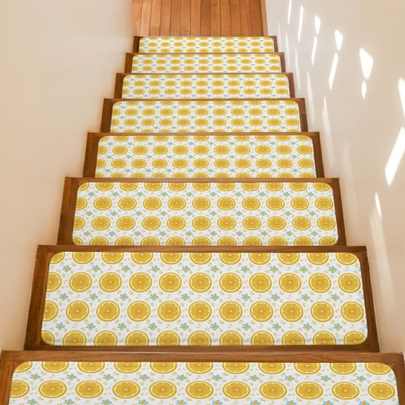 Yellow Lemon Rounds Stair Treads Non Slip for Steps Summer Fruit Rustic Floral Minimalist 7 Pcs Reusable Adhesive Stair Runner Mats for Dogs Elders Carpet Treads Rugs for Staircase 8x30 In