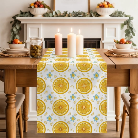 Yellow Lemon Rounds Table Runner 13x120 Inch Summer Fruit Rustic Floral Minimalist Cotton Linen Dining Table Runner Ideal for Dresser Kitchen Coffee Tables - Machine Washable