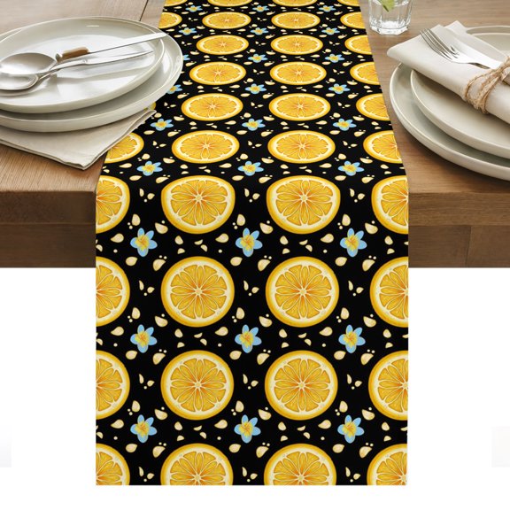 Yellow Lemon Rounds Table Runner, Summer Fruit Rustic Floral Black Cotton Linen Kitchen Dining Table Runner Cloth Dresser Scarf Decoration for Party Home Decor 13x70in