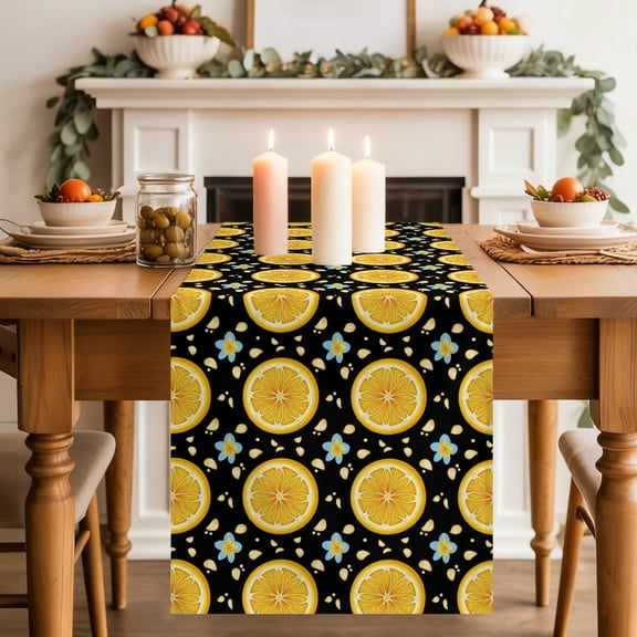 Yellow Lemon Rounds Table Runner, Summer Fruit Rustic Floral Black Washable Cotton-linen Table Runners Dining Kitchen Decoration for Everyday Home Wedding Party Decor, 13 x 36 Inch