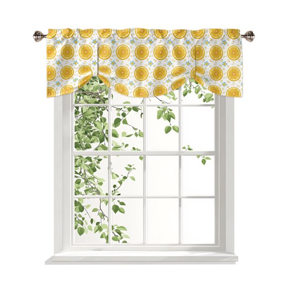 Yellow Lemon Rounds Tie Up Valances Curtain, Summer Fruit Rustic Floral Minimalist Adjustable Rod Pocket Window Treatment Short Tie Up Curtains Valances for Kitchen Living Room Bathroom 54x18 Inches